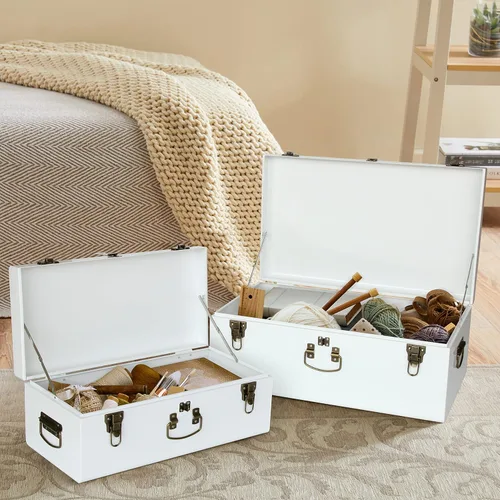 Vista 6 de Vixdonos Juego de 2 baúles decorativos de almacenamiento de caja de metal con asa (blanco con cierres de bronce)