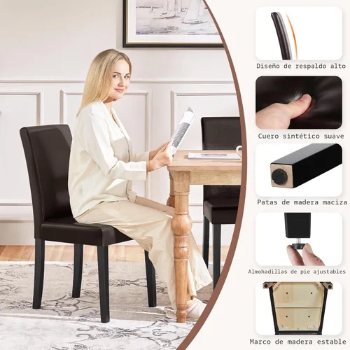 Vista 8 de Yaheetech Juego de 4 sillas de comedor de piel sintética con superficie impermeable y patas de madera para cocina, restaurante y sala de estar