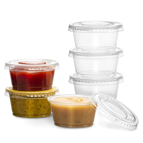 Vista 10 de Tazas de plástico transparente desechables para porciones, con tapa PlastiMade - Tazas desechables para condimentos, vasos para salsa/ aderezo