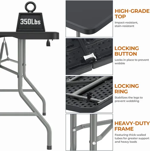 Vista 4 de Mesa plegable de 5 pies con asa de transporte, mesa plegable de plástico portátil con cerraduras de seguridad, mesa plegable de plástico resistente