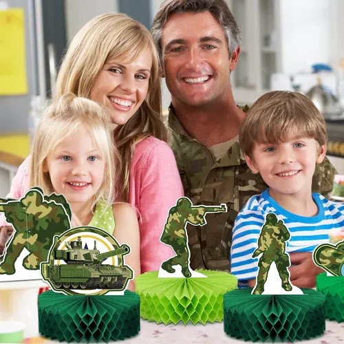 Vista 5 de Teling 9 piezas de decoraciones de fiesta del ejército para decoraciones de cumpleaños de Call of Duty, centros de mesa de panal con temática