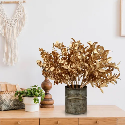Vista 5 de Lyrow Paquete de 20 plantas artificiales doradas para decoración de Navidad, hojas de eucalipto artificiales, flores en aerosol, tallos de eucalipto