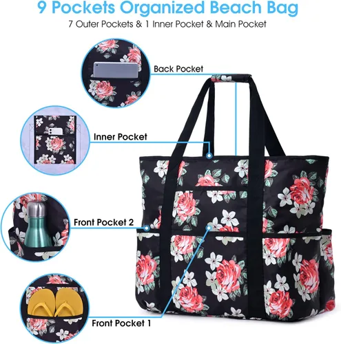 Vista 3 de Becokan Bolsas de playa para mujer, bolsa de playa grande con bolsillos con cremallera, bolsa de playa, impermeable, a prueba de arena, bolsa