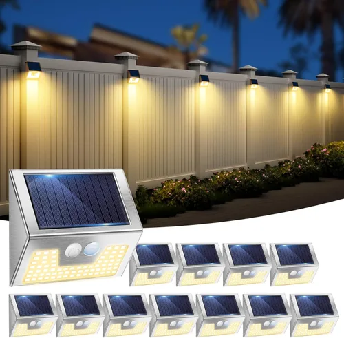 Vista 24 de vighep Paquete de 12 luces solares con sensor de movimiento para exteriores, luces impermeables para valla con 3 modos de iluminación, luces LED