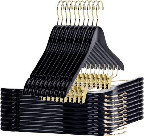 Vista 18 de Perchas de madera de calidad para faldas con clips, paquete de 10 perchas lisas de madera maciza para pantalones con clips de metal ajustables