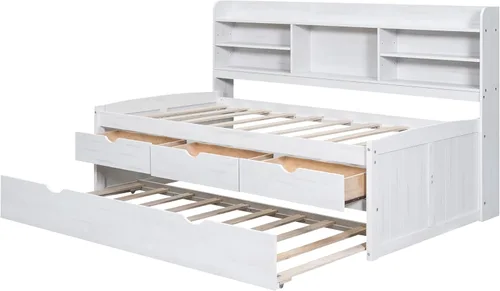 Vista 220 de Quarte Elegante cama de plataforma con estanterías en forma de L, cama de plataforma de madera tamaño individual con 2 cajones de almacenamiento