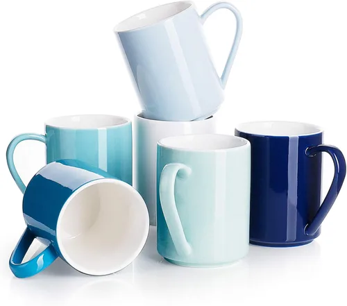 Sweese Juego de 6 tazas de café de porcelana de 11 onzas, tazas de café de cerámica con asa para café, té, cacao y bebidas calientes, multicolor,