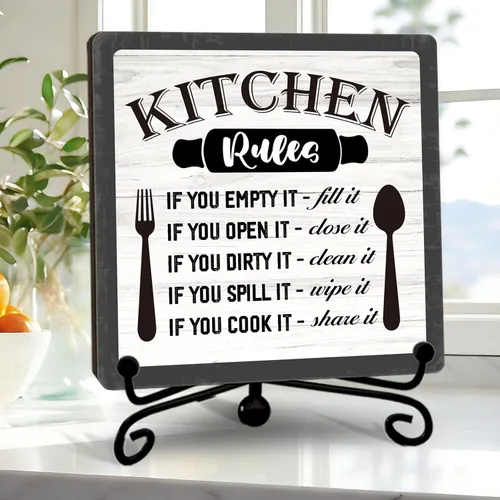 Vista 11 de Placa de madera rústica con soporte, decoración de cocina, letrero de madera con reglas de cocina, idea de decoración de madera para el hogar, sala