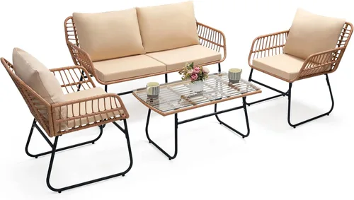 Vista 8 de Kromax juego de 3 piezas de muebles de ratán para patio, juego de mimbre para conversación en estilo bistró, muebles de exterior resistentes a