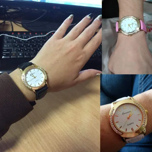 Vista 4 de Paquete de 15 relojes de cuero para mujer, con incrustaciones de diamantes de imitación de cuarzo, reloj de pulsera de varias capas apilable