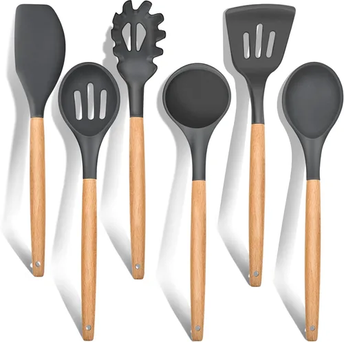 Vista 18 de E-far Juego de 6 utensilios de cocina de silicona con mango de madera, utensilios de cocina antiadherentes y resistentes al calor, incluye