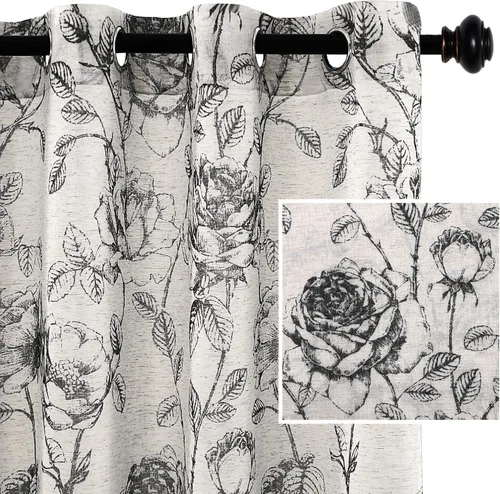 H.VERSAILTEX Cortinas de lino floral boho, cortinas semitransparentes para filtrar la luz, cortinas de 63 pulgadas de largo, juego de 2 paneles Negro