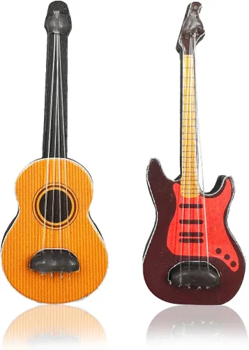 Suartus 2 piezas de mini instrumentos musicales 1:12 Guitarra de madera bajo modelo de exhibición de adornos para mini sala de música, accesorios