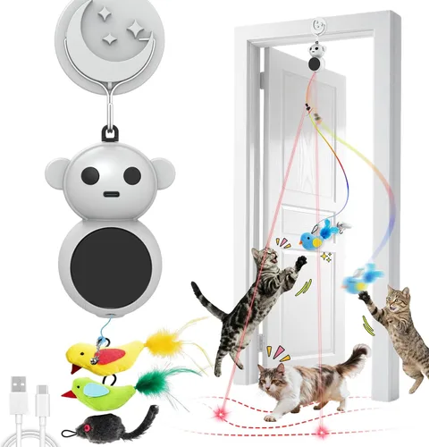 Vista 8 de Juguetes interactivos para gatos de interior: juguete láser para gatos 2 en 1 con pájaro volador automático y varita de ratón, modo de movimiento