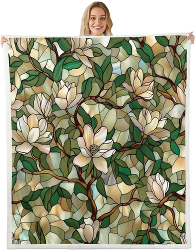 White Flowers Flannel Blanket,Watercolor Botanical Leaves Bedroom Living Room Soft Cozy Fleece,Green and Brown Blankets Decor for Bed Couch