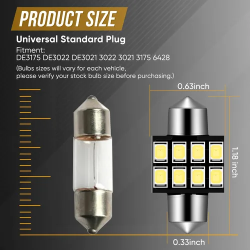 Vista 4 de Audak DE3175 DE3022 DE3021 3175 6428 Festoon - Bombilla LED Canbus de 1.181 in, libre de errores, para interiores, cúpula, mapa, luces de puerta