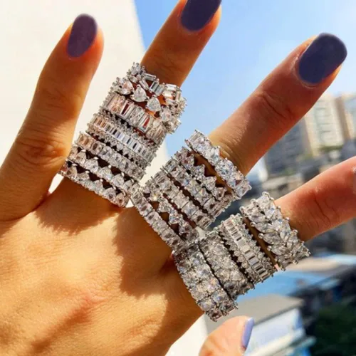 Fashion Luxury Charm Baguette Cz Zirconia Crystal Eternity Band Wedding Engagement Finger Rings For Women Party Jewelry