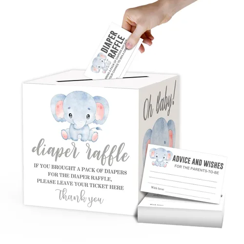 Boletos para rifas de pañales y tarjetas de consejos para baby shower, 1 caja de colección de tarjetas y 50 boletos, caja de tarjetas de elefante