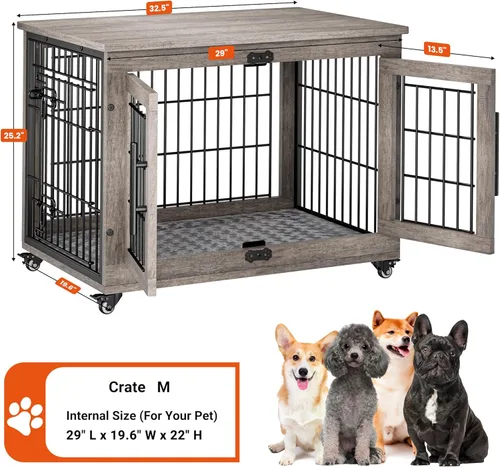 Vista 4 de Lulive Mueble de jaula para perros medianos, 32 pulgadas, para interiores con cojín y ruedas, jaula de madera para perros con puertas dobles, mesa