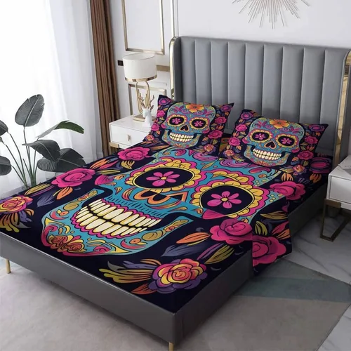 Vista 8 de Juego de sábanas de calavera de azúcar tamaño individual, sábanas de microfibra suave y bolsillo profundo y sábanas y fundas de almohada, 1 sábana
