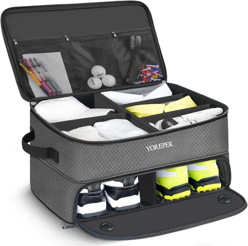 Vista 13 de YOREPEK Organizador de maletero de golf de 2 capas, regalos de golf para hombres con compartimento ventilado separado para 2 pares de zapatos