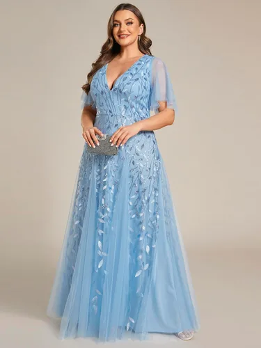 Vista 3 de Ever-Pretty Vestido formal de tul con lentejuelas y cuello en V para mujer, talla grande, 0734-DA1