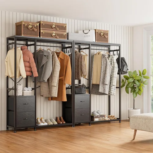 Vista 9 de Lulive - Perchero de ropa, estante resistente para colgar ropa, estantes industriales para ropa con 2 cajones de tela, 4 ganchos, 2 varillas