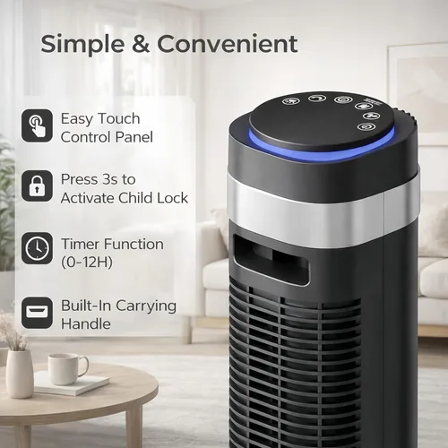 Vista 6 de Tower Fan for Bedroom, Oscillating Bladeless Fan with Remote, 5 Speeds 4 Modes Quiet Fan 28dB, 22.3ft/s High Velocity,12H Timer, LED Display Cooling