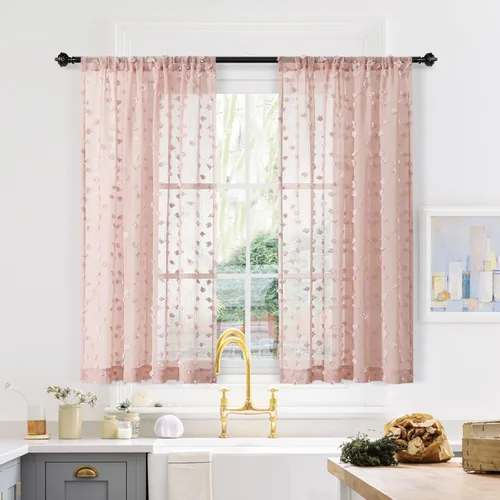 MYSKY HOME Cortinas cortas traslúcidas color rosa para ventanas pequeñas, cocina, 45 pulgadas de largo con pompones, para dormitorio, cuarto de