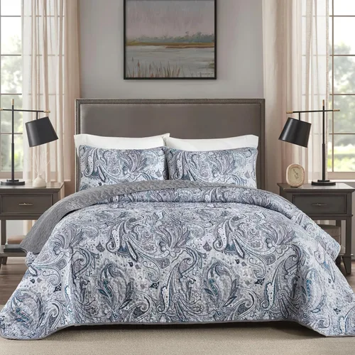 Vista 25 de DJY Juego de edredón de paisley azul marino King, juego de colcha y cubrecama boho de 3 piezas, ropa de cama de microfibra suave y ligera