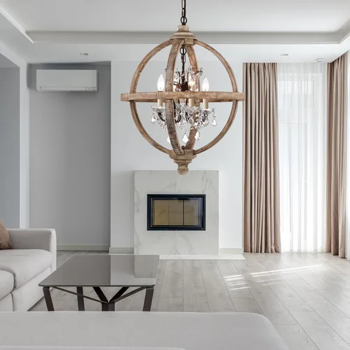 Vista 7 de Candelabro de metal y madera con 4 luces, estilo rústico con cristales transparentes, lámpara de techo de madera vintage para cocina, comedor