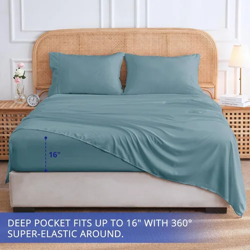 Vista 3 de HUXMEYSON Juego de sábanas y fundas de almohada de lujo para hotel, 4 piezas, ultra suaves y refrescantes, bolsillos profundos de 16 pulgadas, a