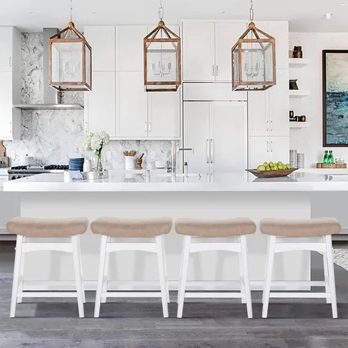 Vista 31 de ALPHA HOME Taburete de bar, taburete de cocina de silla de montar de madera maciza con cojín de tela de lino beige, taburete de bar de altura