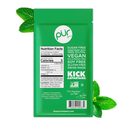 Vista 2 de PUR Gum Chicle sin Aspartame 100% Xilitol Chicle con sabor natural a menta verde, 55 piezas (Paquete de 1)
