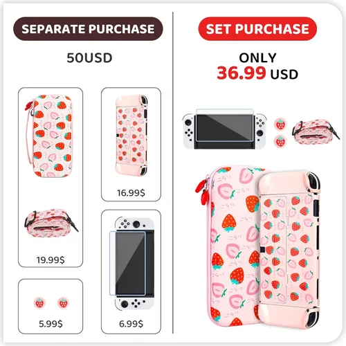 Vista 6 de RHOTALL Strawberry - Juego de funda de transporte para Nintendo Switch OLED funda de viaje portátil para Switch OLED accesorios de almacenamiento
