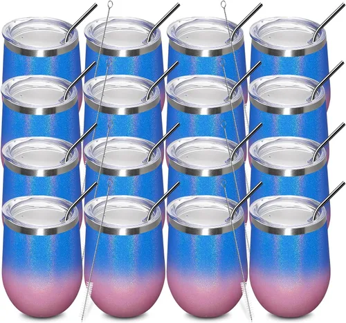 Vista 67 de MEWAY Vaso de vino sin tallo de 12 onzas con tapa, vaso de viaje de acero inoxidable con aislamiento de doble pared al vacío con popote, para Negro