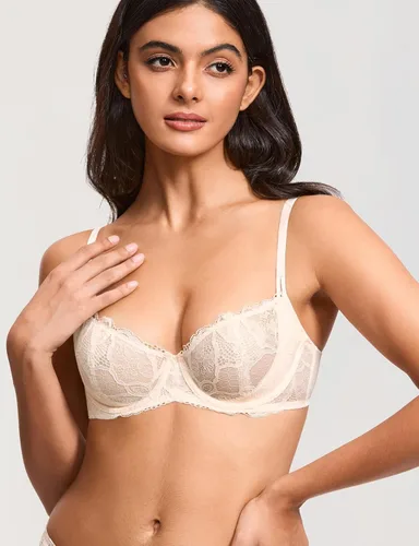 Vista 4 de DOBREVA Sujetador de realce de balconette para mujer, encaje sexy, talla grande, sin forro, con aros transparentes