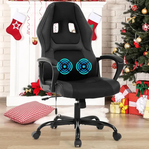 Vista 10 de BLKMTY Silla de juegos de PC, silla de escritorio ergonómica de masaje, sillas de carreras de piel sintética ajustable con soporte lumbar, Blanco