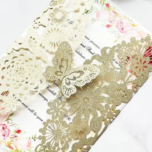 Vista 6 de Hosmsua 20 tarjetas de invitación de boda de champán con sobres de 5.12 x 7.3 pulgadas, cortadas con láser, mariposa, encaje, invitación para boda