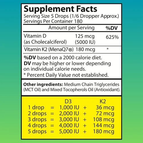 Vista 6 de Gotas líquidas de vitamina D3 K2 – Vitamina D3 5000 UI, gotas de vitamina D para adultos, sin rellenos, sin OMG, sin sabor, vitamina D3 líquida