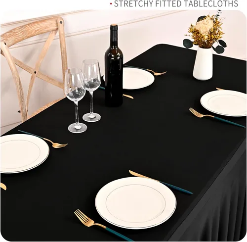 Vista 4 de Paquete de 2 faldas de mesa elásticas negras para mesa rectangular de 6 pies, manteles elásticos de elastano lavables con falda, mantel ajustable