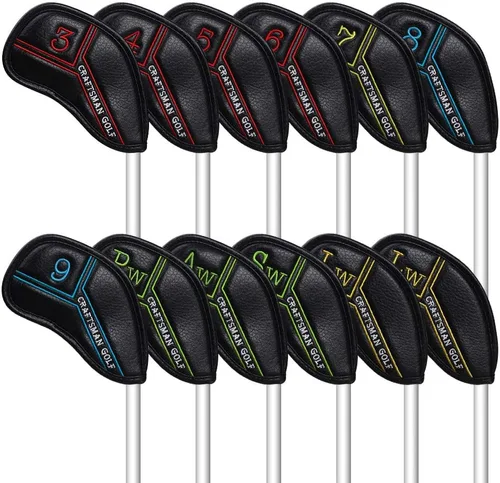 Vista 9 de CRAFTSMAN GOLF 12 piezas o 1 pieza de fundas para cabezas de palos de golf de cuero negro, con número de colores bordado para Callaway, Ping