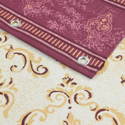 Vista 5 de Cortina de ducha larga de tela, cortinas de ducha de damasco bohemio con estampado de paisley en vino burdeos y oro amarillo, cortinas impermeables