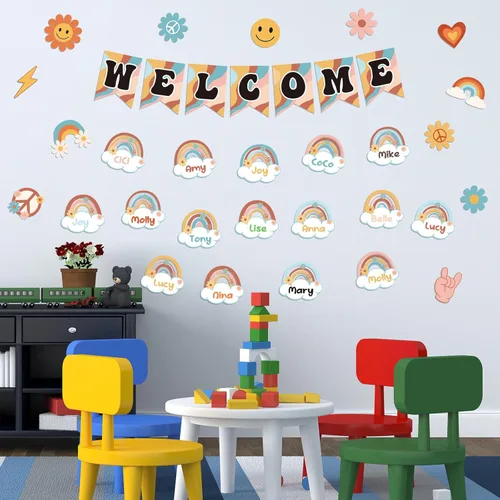 Vista 6 de Cartel de bienvenida retro de bienvenida a la escuela, 61 unidades, póster de bienvenida con temática de arco iris, decoración con punta