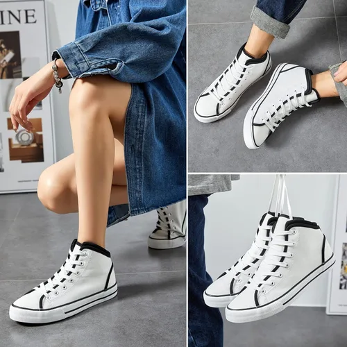 Vista 5 de yageyan Mens Canvas high top White Sneakers for Casual Black Fashion Shoes