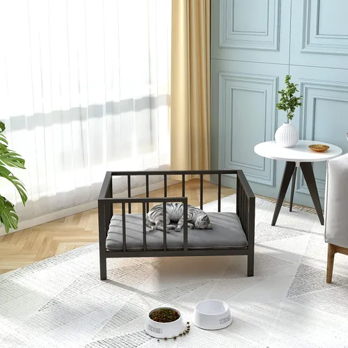 Vista 7 de Cama para perros con rieles, marco de cama elevado de metal para mascotas con tablero de madera maciza y tapete suave lavable para perros pequeños