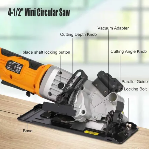 Vista 4 de Sierra circular eléctrica, mini sierra circular de 4.8 A con guía láser, sierra con cable de 4000 RPM equipada con 3 cuchillas de 4-1/2 pulgadas