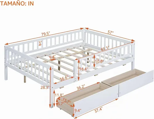 Vista 3 de Harper & Bright Designs - Cama infantil individual con barandillas de Base de cama baja de madera con valla alta, marco de cama Montessori Day