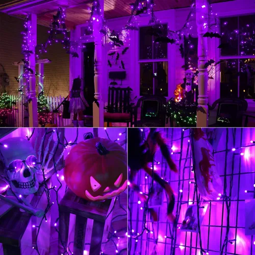 Vista 8 de BrizLabs Luces de Halloween naranjas y moradas, 78.74 pies, 240 luces LED naranjas conectables, 8 modos de luz de Halloween morada para exteriores