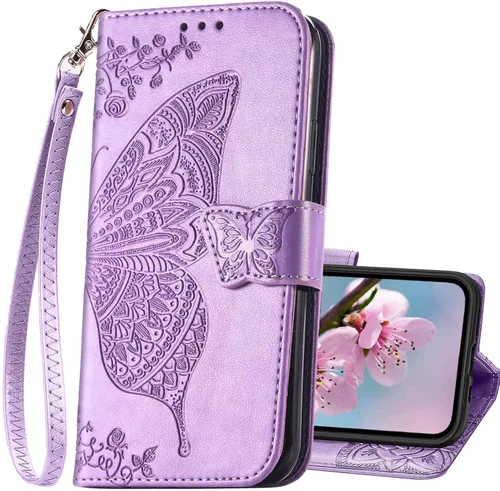 Vista 10 de Funda tipo cartera compatible con iPhone 14 para mujer, diseño de mariposa en relieve, de piel sintética, con ranuras para tarjetas, soporte